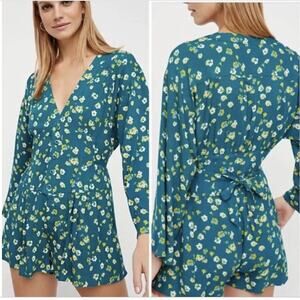 Free People L'amour Printed Romper Playsuit Teal with Yellow Flowers Woman's 4